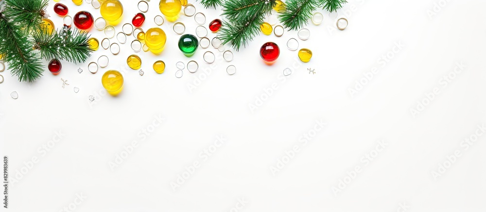 Poster A Christmas themed medical flatlay featuring blisters filled with yellow and green capsules along with a Christmas tree adorned with snowflakes The image is set against a white background with ample s