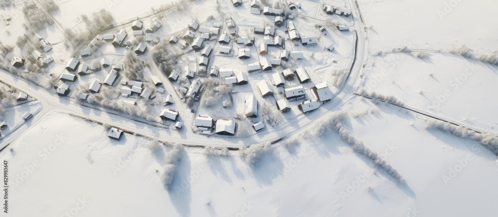 Poster aerial view of a snowy village during winter with plenty of empty space for adding images or text. w
