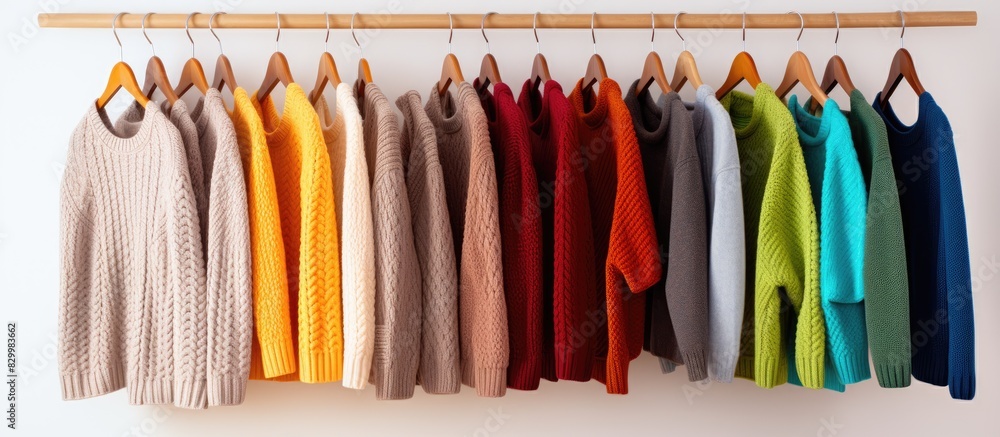 Poster a line up of vibrant knitted sweaters along with a t shirt hang gracefully on hangers against a pris
