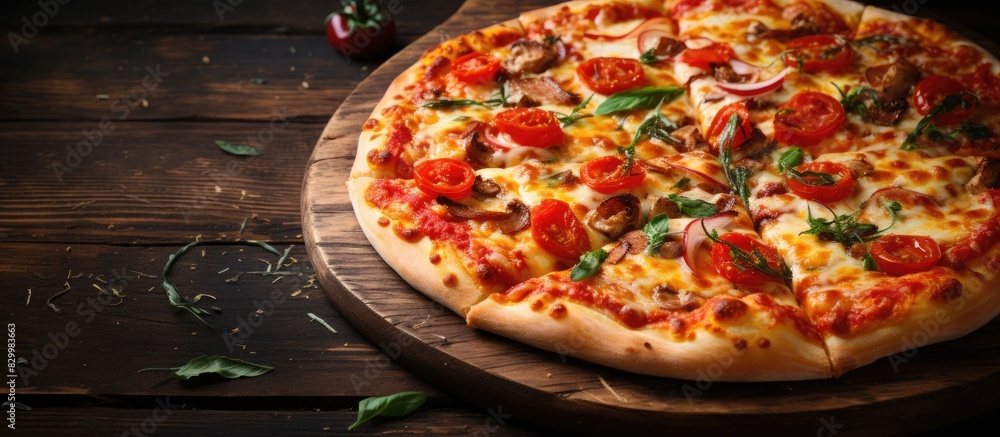 Poster italian style homemade pizza with a rustic background texture for the perfect copy space image