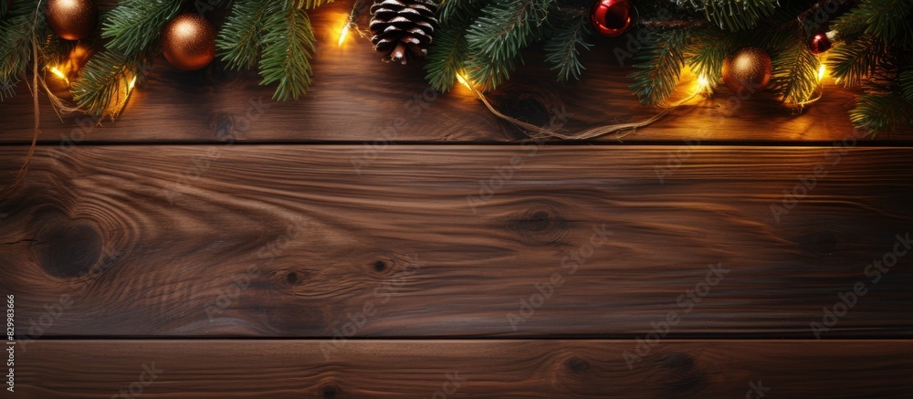 Poster dark wooden board with a christmas themed background featuring a fir tree and decoration leaving an 