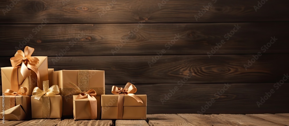 Poster Wooden background with gift boxes suitable for creating copy space images