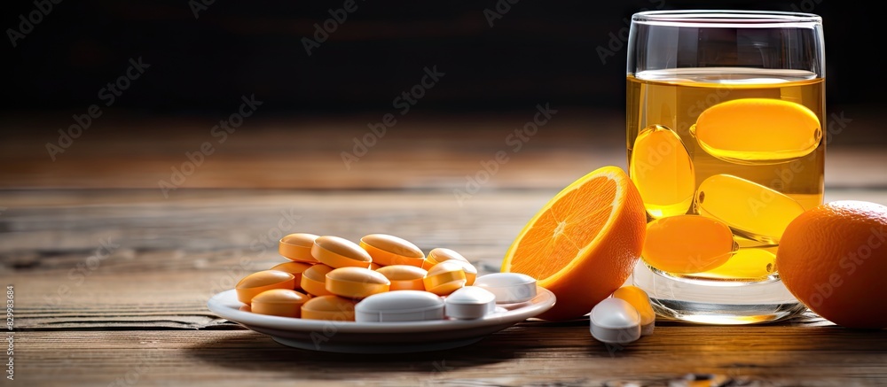 Poster boost your cold and flu immunity with a refreshing glass of orange juice and a powerful tablet of pi