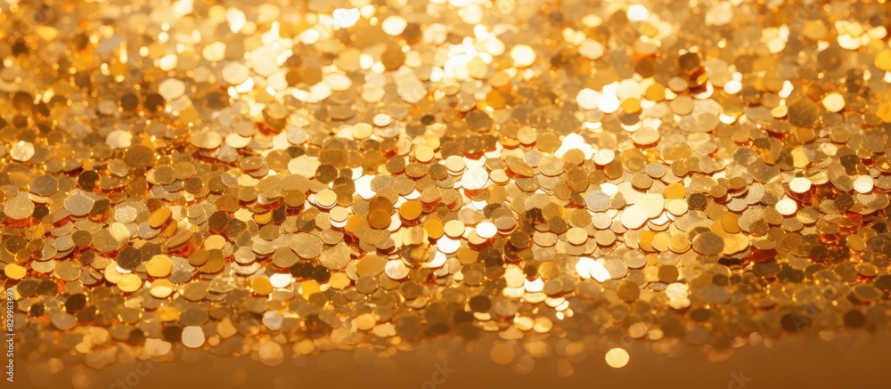 Poster Closeup of a festive sparkling sequins background with a gold glitter texture in the image s copy space