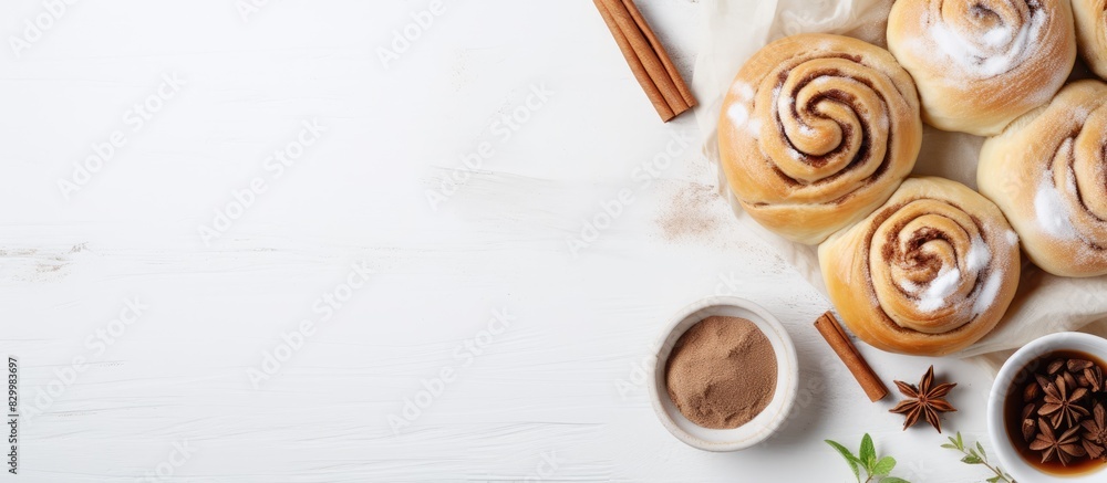 Poster a homemade recipe for sweet and traditional cinnamon rolls with raw dough preparation the food ingre