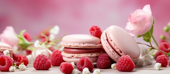 Close up image of delicious macarons adorned with raspberries and marshmallows set against a...
