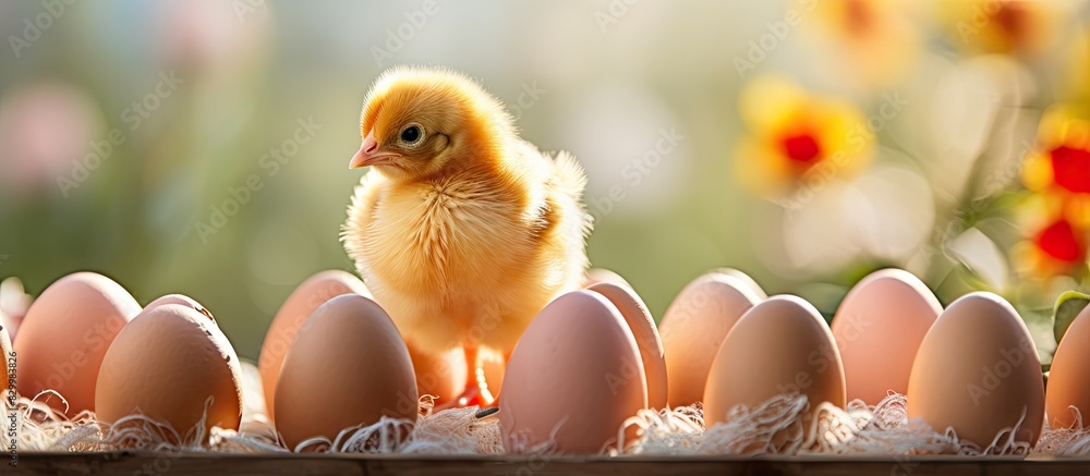 Aufkleber easter themed chicken on a carton of eggs leaving empty space for additional images