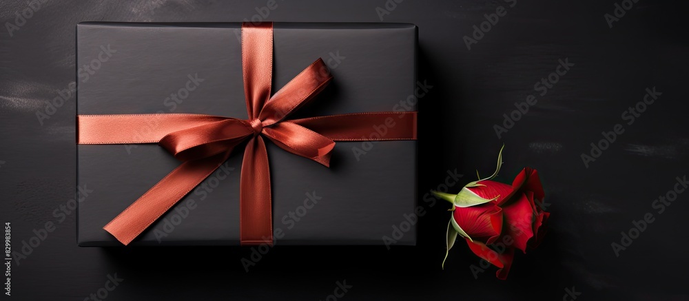 Poster a black paper wrapped gift box with a black bow is positioned on a dark background featuring a rose 