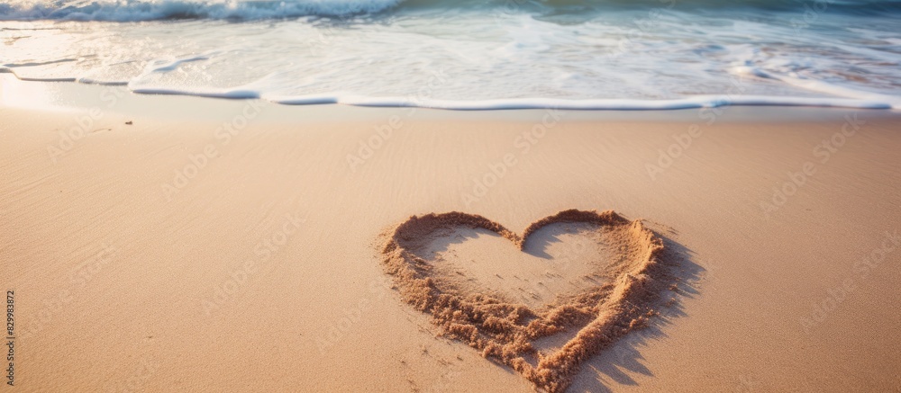 Poster a heart shaped symbol drawn in the sand on a beach with space for copy