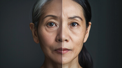 A split screen portrait shows the evolution from youth to old age of an asian woman