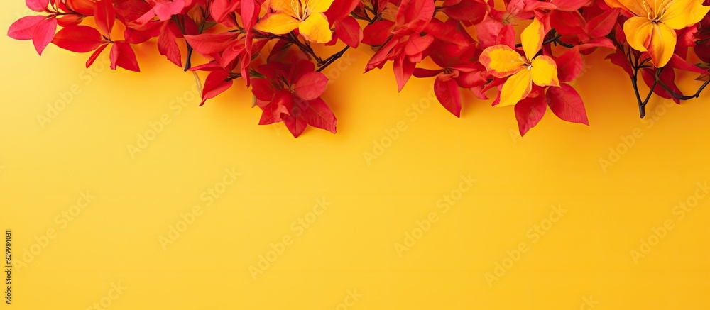 Poster autumn leaves of a red azalea contrasting with a vibrant yellow backdrop creating a stunning copy sp