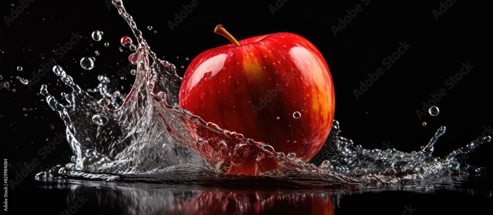 Poster a photo of an apple is retouched to show it dropping into juice creating a splash of red water it re