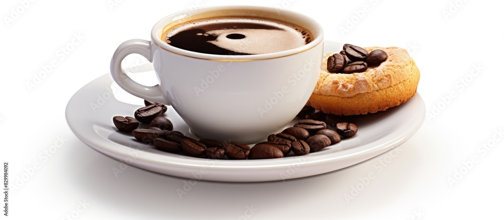 Poster a cup of black coffee with an olive on a saucer isolated on a white background for copy space image