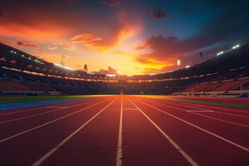 Olympic Stadium at Dusk with Illuminated Track and Field Events, Vibrant Sunset Sky - Perfect for...