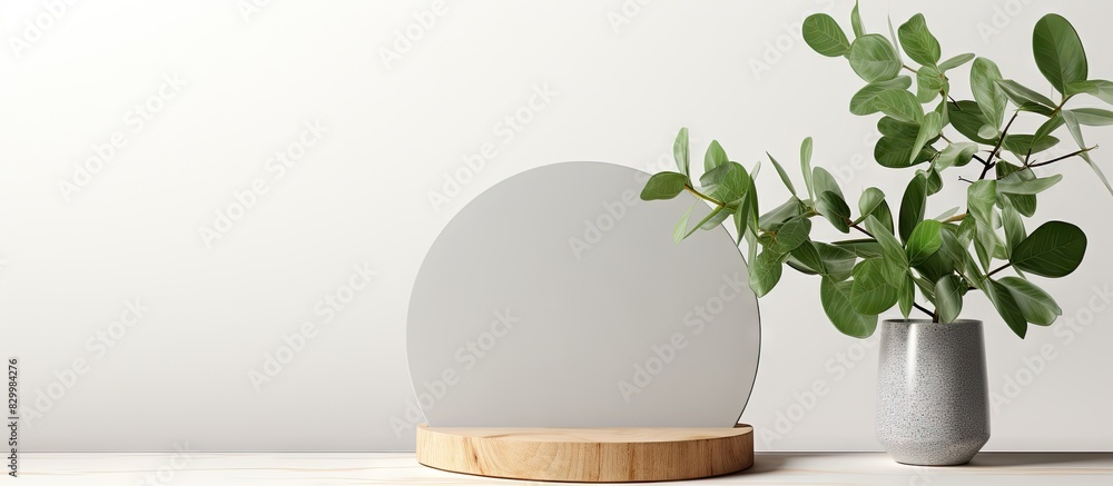 Aufkleber a minimal flat lay of an eco product presentation mockup featuring an empty wooden podium with fresh