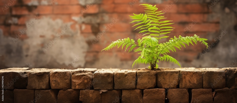 Aufkleber A fern tree is displayed on the wall against a backdrop of cracked bricks creating a copy space image