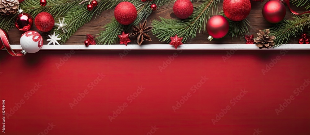 Poster a festive christmas frame adorned with fir tree decorations and placed on a vibrant red backdrop thi
