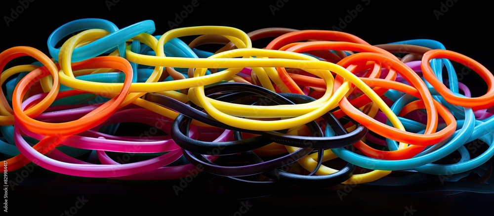 Poster Colorful rubber bands arranged on a black background creating a visually appealing diversity concept Includes copy space for additional content