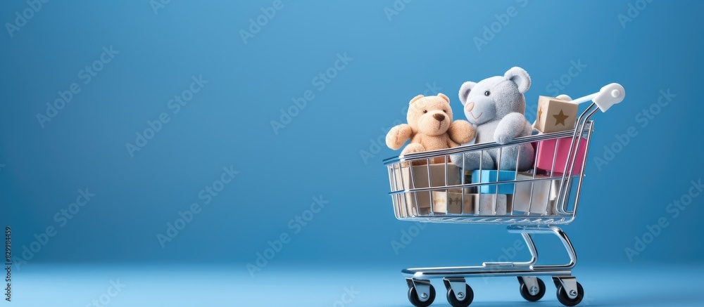 Aufkleber Blue background with toy shopping cart stacked with boxes Copy space image for text or design Represents sale discount shopping and delivery concept in consumer society trend