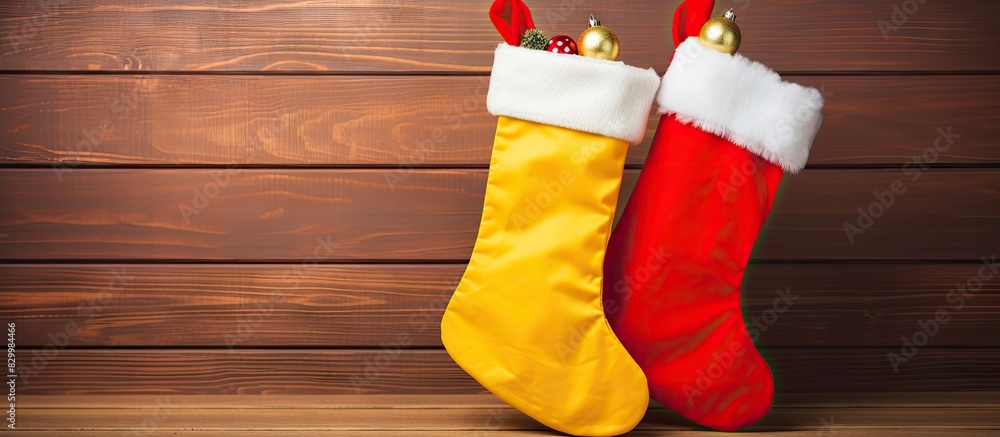 Poster christmas and new year concept with a red santa stocking placed on a yellow wooden background provid