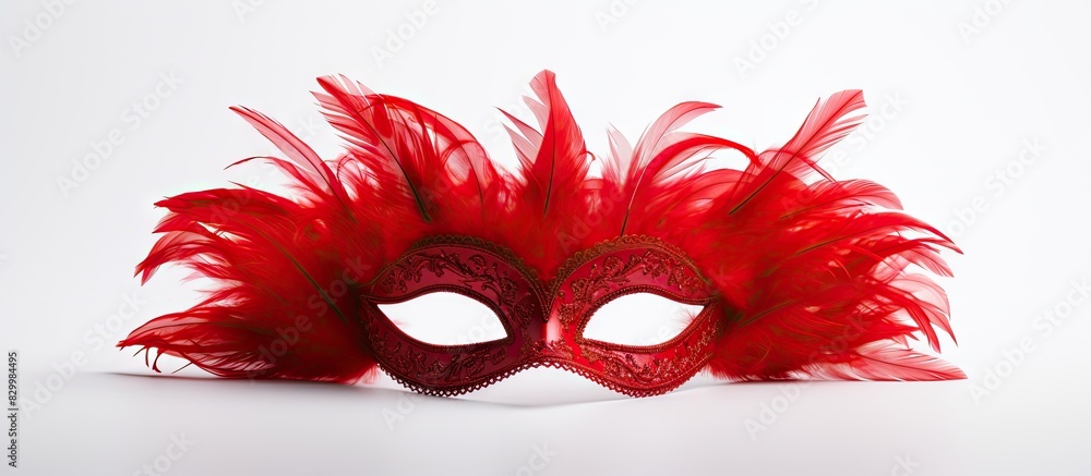 Poster a masquerade mask adorned with vibrant red feathers stands out against a clean white background leav