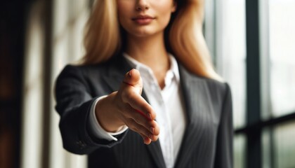 Businesswoman Offering Handshake Inside Modern Office Building 