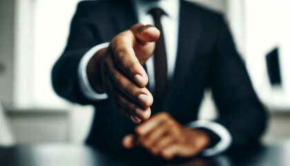 Black Businessman Extending Hand for Handshake in Modern Office Setting 