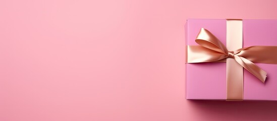 A close up top view of a pink gift box against a background with ample copy space for adding text