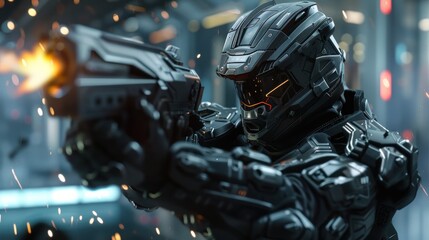 futuristic cyberpunk soldier, advanced technology, exciting action shot, combat, highly detailed, explosive, exciting, thrilling, body in motion, action