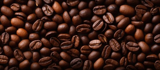 Naklejka premium A background image featuring brown roasted Arabica coffee beans with copy space