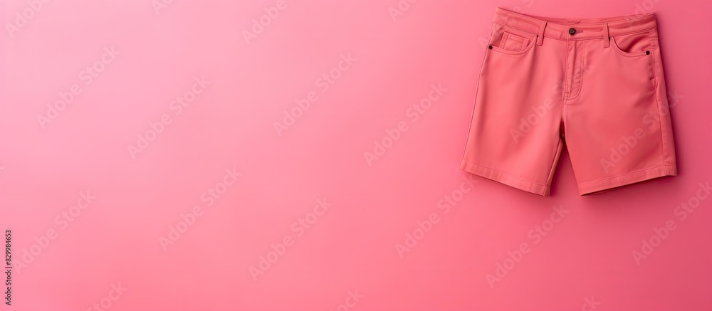 Poster a pink background featuring summer clothes such as shorts pants and t shirts there is a designated a