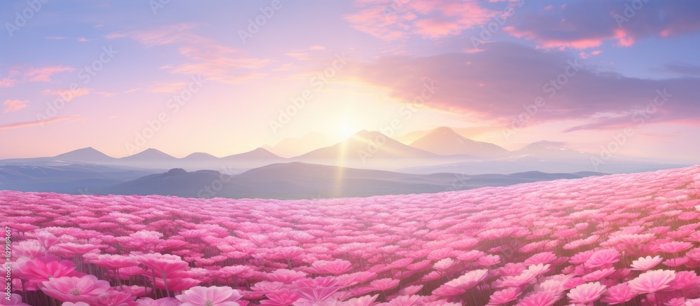 Leinwandbilder In the morning there is a beautiful scene of pink flower fields with plenty of empty space for text or images. with copy space image. Place for adding text or design