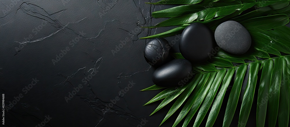 Poster black stones and green palm leaves artistically arranged on a black background leaving ample space f