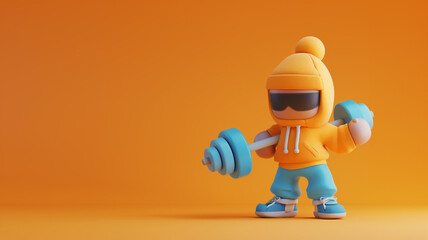 Obraz premium Energetic 3D fitness trainer with a whistle and dumbbells