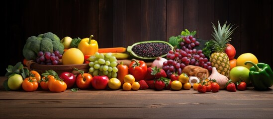 A copy space image of a diverse assortment of fruits and vegetables is captured in a studio...