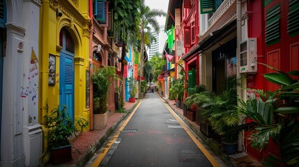 Naklejka premium Singapore - June 2020: Haji lane without people. The Haji Lane is the short street within Kampong Glam district in Singapore where there are full of restaurants, cafes and interesting shops