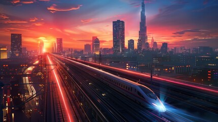 High-speed rail network interface visualizes the seamless integration of maglev technology across a wide range of urban landscapes.