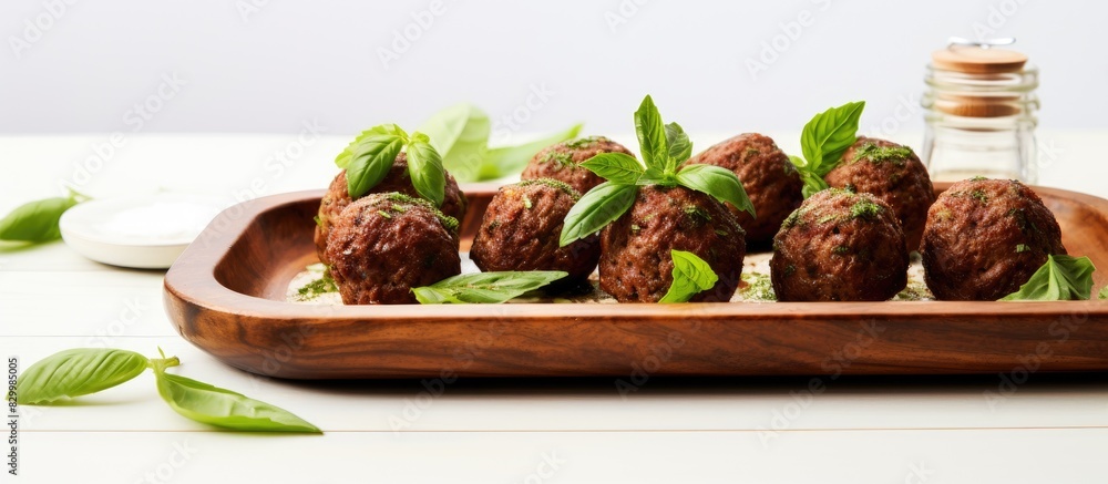 Aufkleber delicious basil infused meatballs beautifully presented on a white table offering a wide surface for