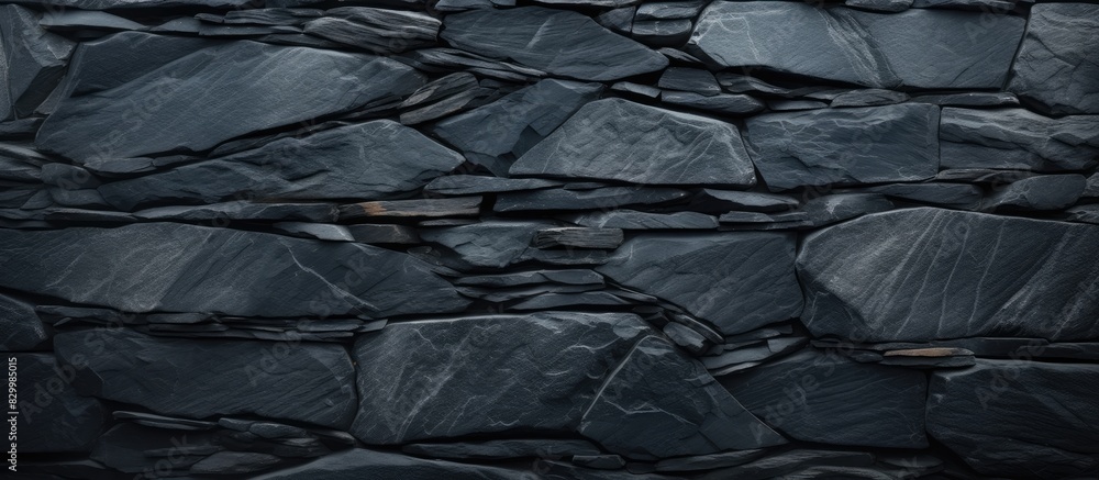 Poster High resolution top view of a patterned background made of natural black slate stone providing ample copy space image