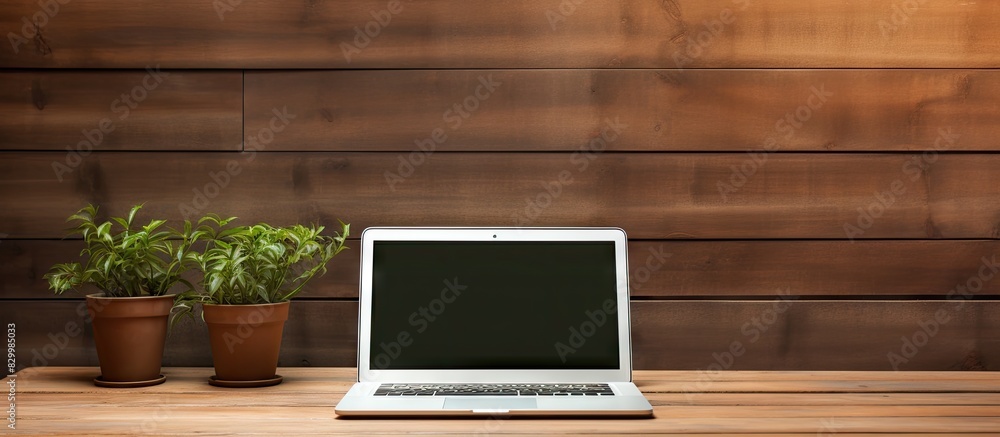 Aufkleber An isolated laptop with a blank screen is placed on a wooden table providing a mockup or template for your text Copy space image with clipping paths included for background and device screen