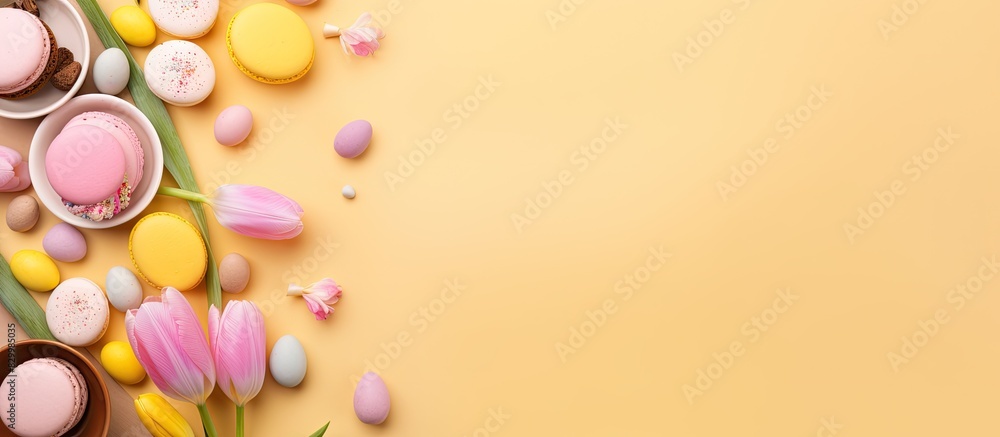 Poster a colorful easter table with sweets pastry and gingerbread cookies the heart shaped decor plate is a
