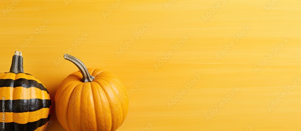 Poster autumn themed flat lay with a small striped pumpkin placed on yellow paper the image conveys the ess