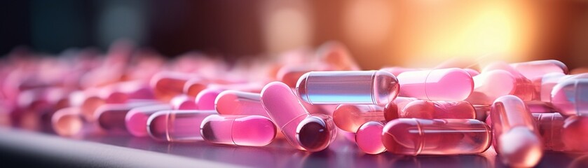 Hand holding pink capsules, soft focus background, photorealistic, pastel colors 8K , high-resolution, ultra HD,up32K HD