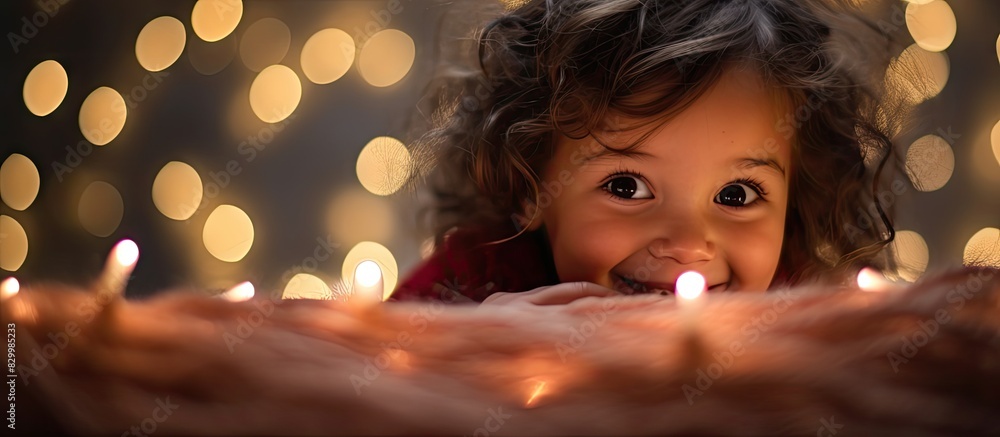 Poster a cute child joyfully playing with christmas fairy lights in their cozy home creating a whimsical sc