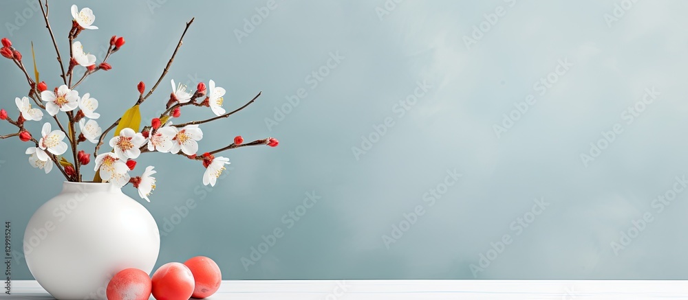 Aufkleber A front view of a white modern vase with a branch adorned with Easter eggs makes for an Easter background with ample space for a greeting text