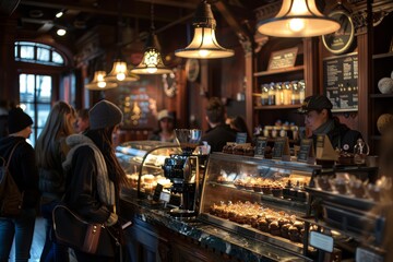 Obraz premium Cozy Café Interior with Patrons Enjoying Chocolate Desserts and Beverages - Perfect for Food Blogs, Menus, and Posters