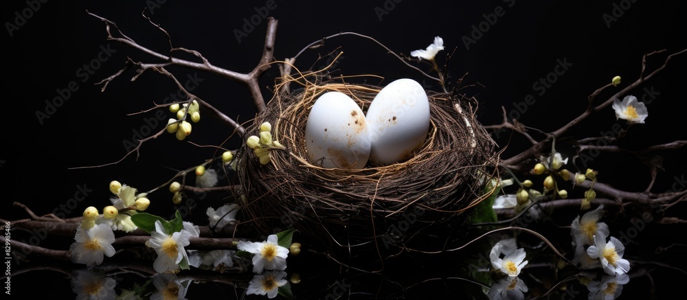Poster A copy space image of a black background with a nest made from branches adorned with white eggs setting the Easter ambiance
