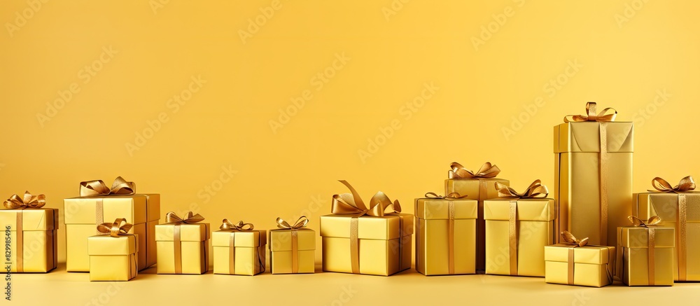 Poster A festive display of gold gift boxes arranged on a yellow background with plenty of space for additional text or images This charming setup evokes a holiday mood and is perfect for greeting cards or
