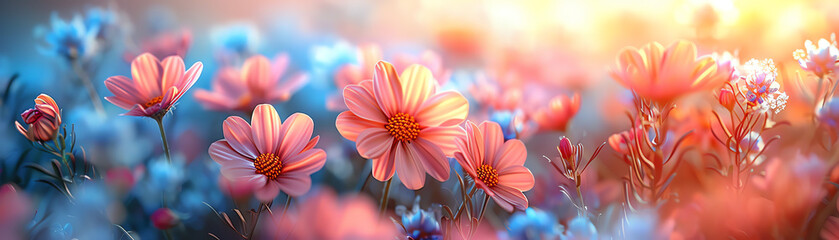 Fototapeta premium Generate a dreamy and vibrant landscape image of a field of flowers with a warm summer sunset