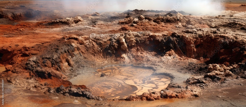 Poster a close up view of a small boiling mud volcano pond with vibrant textures and patterns around it ide